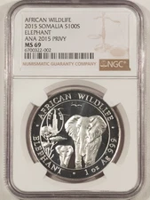 2015 SOMALIA 100 SHILLINGS 1 OZ .999 SILVER ELEPHANT, ANA 2015 PRIVY - NGC MS-69