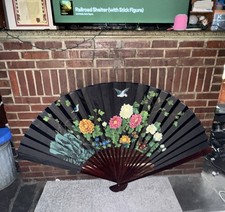 Large 72  Hand Painted Oriental Silk Wall Fan Vintage Asian Floral Bird Decor