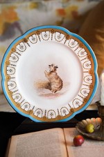 Antique Minton Porcelain Plate Turquoise Rim Painted Dog Pray By Henry Mitchell