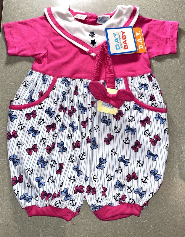 Vintage NWT 1990s Girls Bubble Romper Bows Anchors Sailor Day Baby 24 mo Cotton