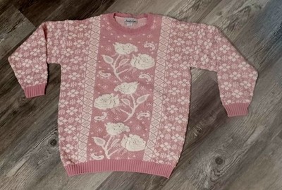 Vintage Private Eyes Sweater Women Medium USA Floral Roses Pink White Y2K Flower