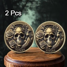 2XBronze Memento Vivere Coin Rose Skull "Life Is Precious" Daily Stoic Practice