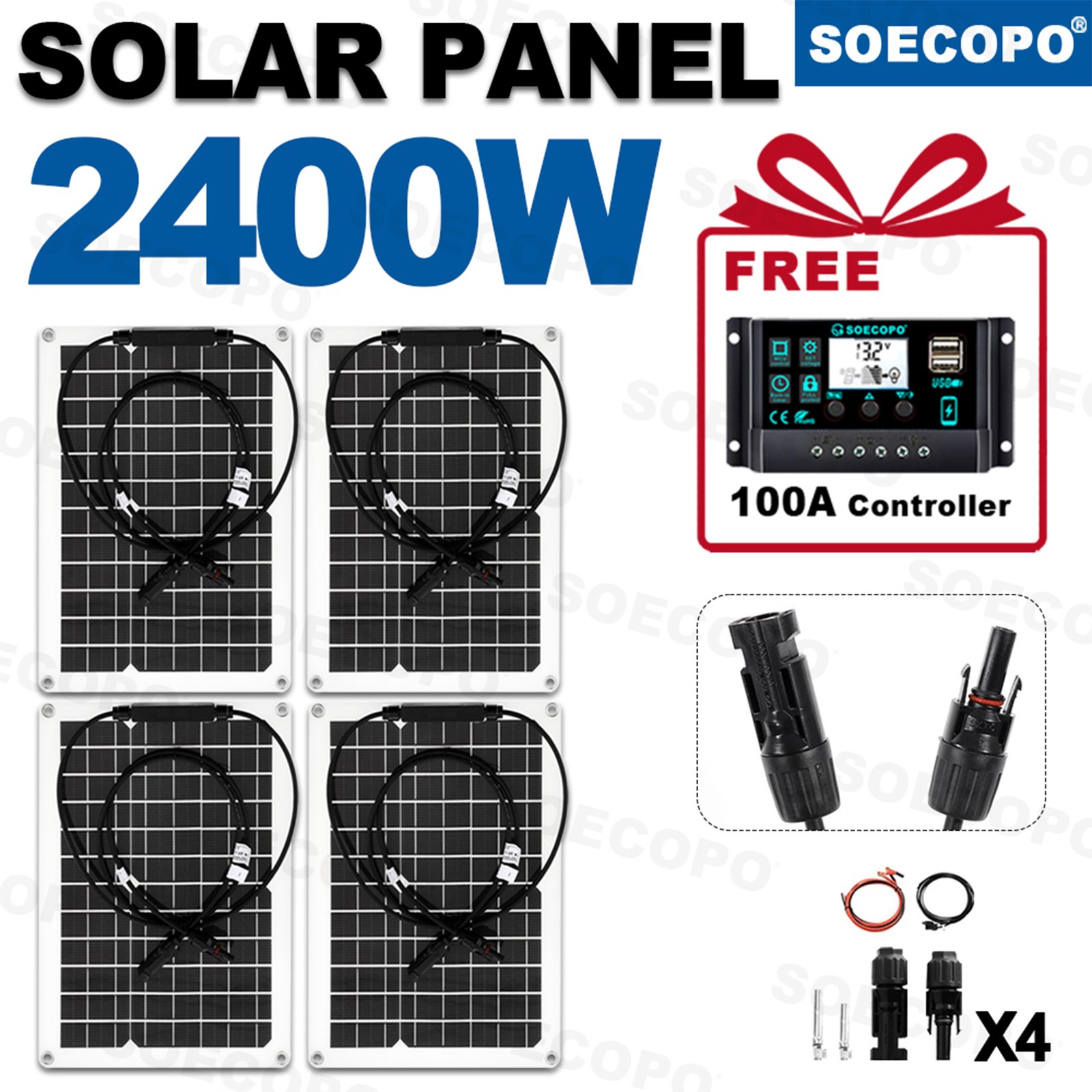 2400W Solar Panels - 4 X 600W Flexible + 100A Controller With Accessories