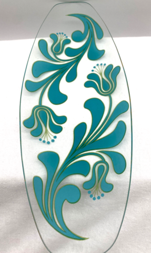 1970's Retro Chance Brothers Glass Dish Turquoise Floral Transfer Pattern - Picture 2 of 19
