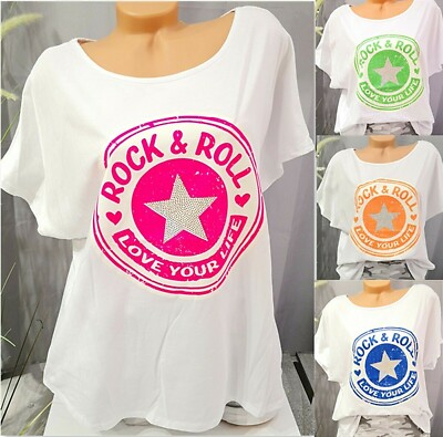 Italy Oversize Damen Shirt kurzarm  ROCK & ROLL Sterne Stasssteine  38 40 42 NEU