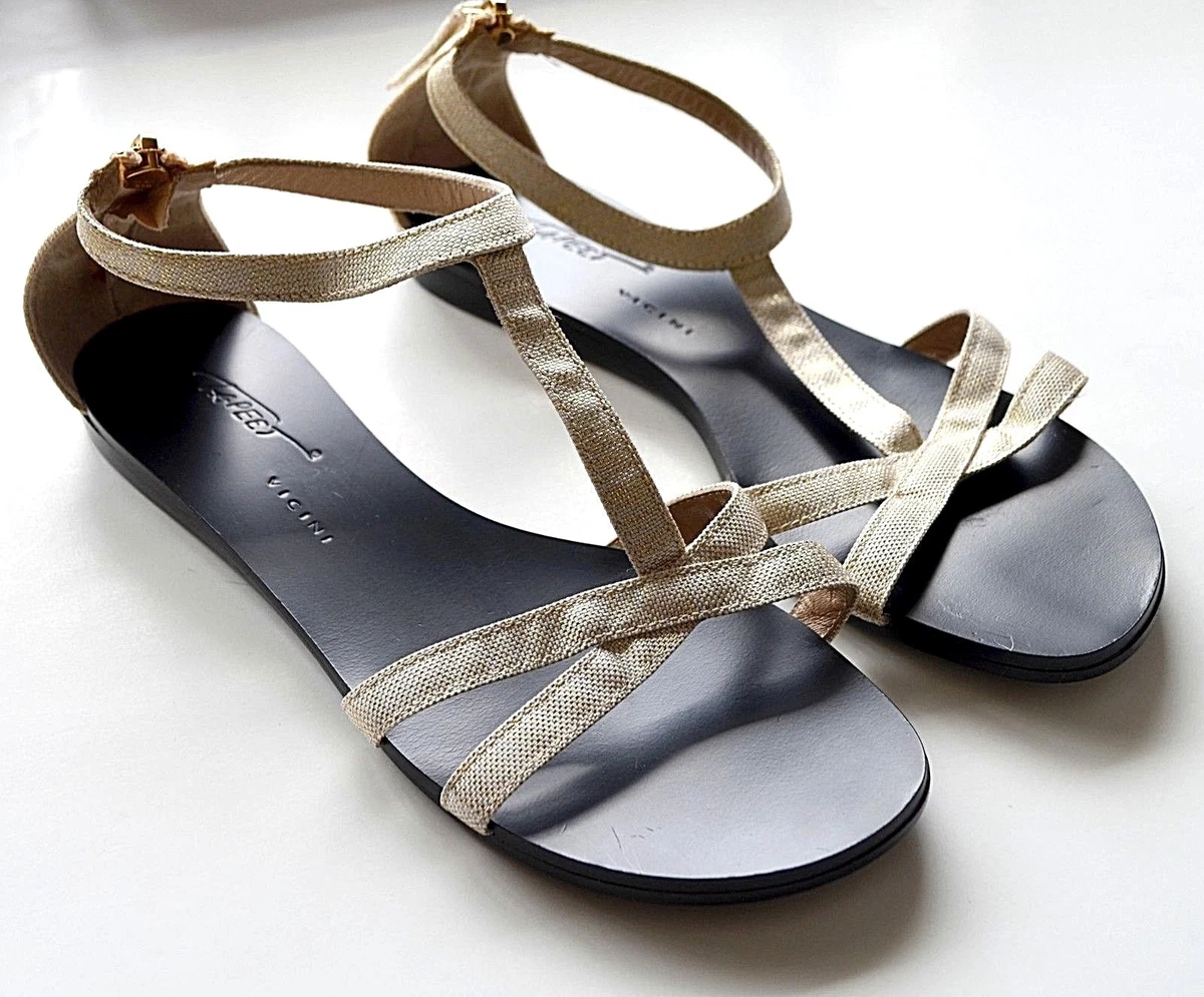 Vicini Tapeet Womens 38 Sandals Ankle Strap Zipper Ivory Gold Flat Strappy Shoe