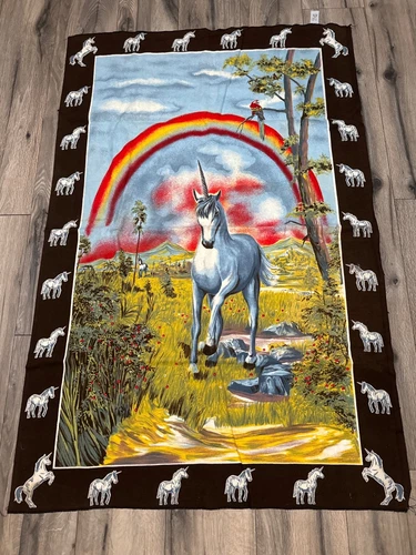 Vintage RT Brown Unicorn Parrot Tapestry Wall Hanging Blanket With Colorful Rain