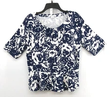Liz Claiborne Shirt Women Size XL White Bue Floral Short Sleeve Round Neck Top