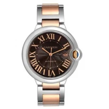 Cartier 42mm Ballon Bleu Rose Gold / Steel Watch w/Chocolate Guillochi Dial.