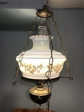 Large Antique Vintage Hanging Brass Swag Lamp Painted Glass Globe Mid-century
