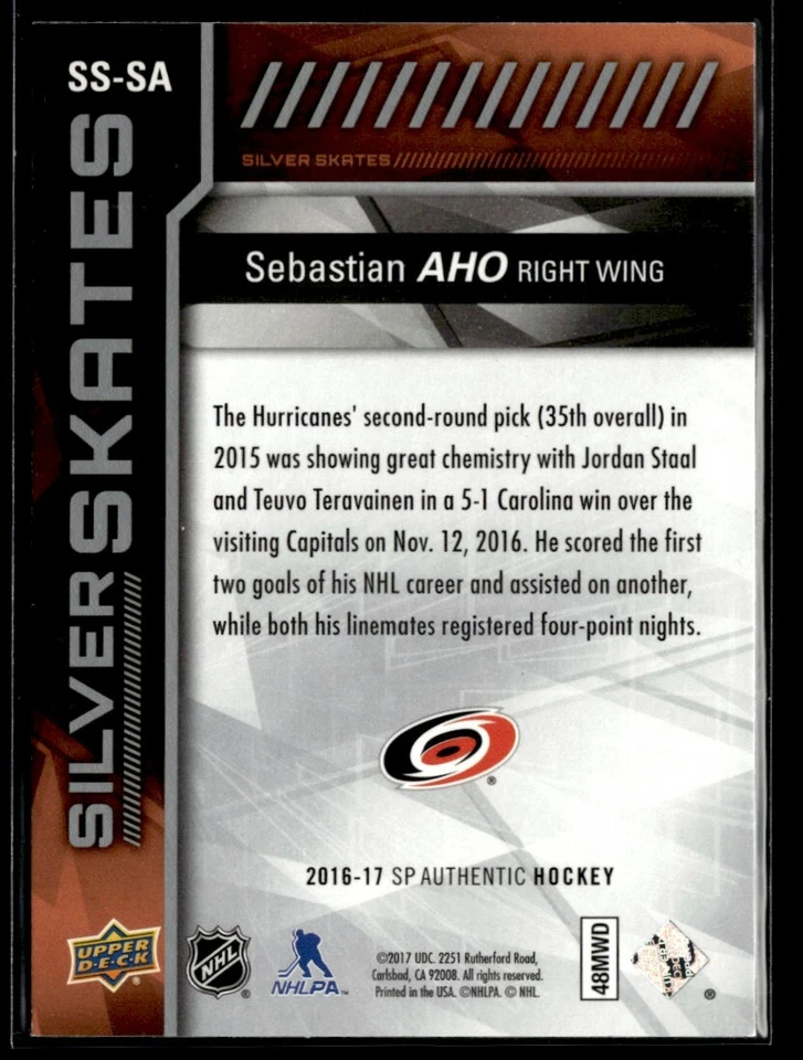 2016-17 SP Authentic Silver Skates Sebastian Aho #SS-SA H4R2E - Image 2 of 2