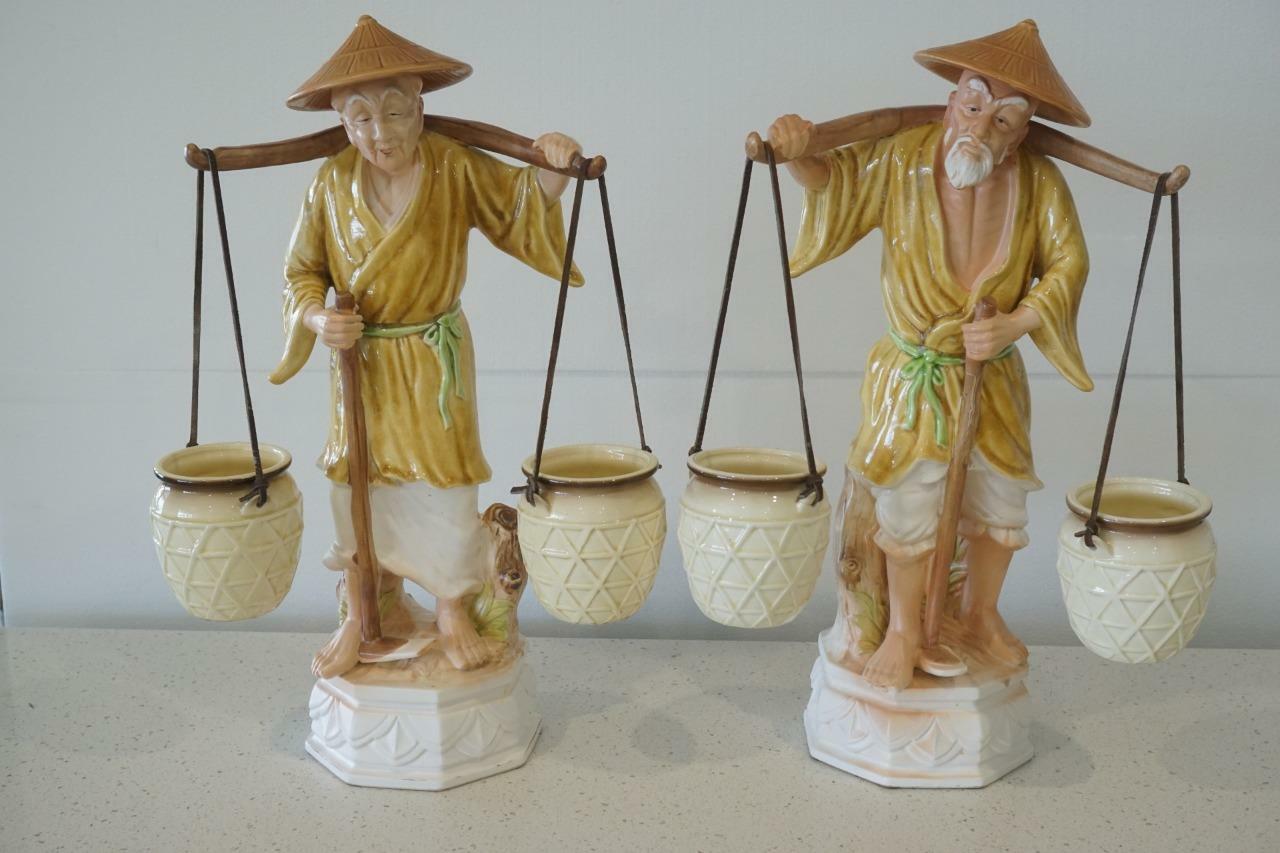 Pair of Papasan Mamasan Porcelain Water Bearer Carrier Figurines 20