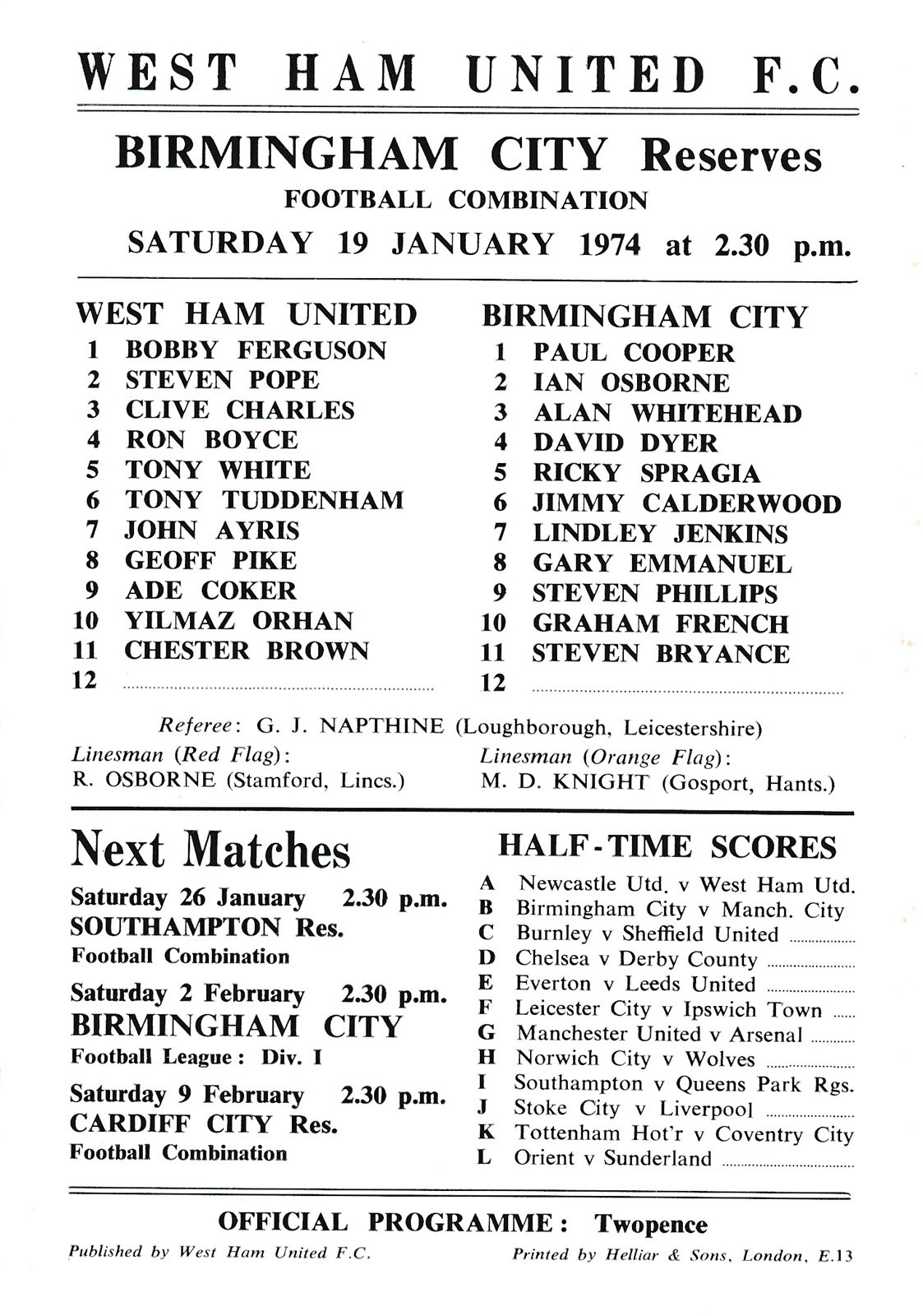West Ham United Reserves v Birmingham City (Combination) 1973/1974