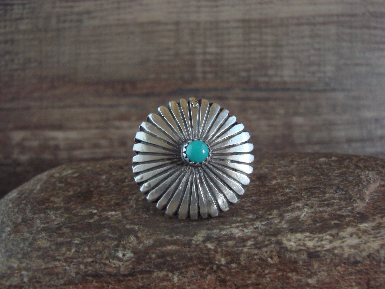 Native American Sterling Silver & Turquoise Concho Ring by Dinetso - Size 6