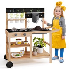Mud Kitchen with Wheels Outdoor Fir Wood Play Kitchen w/Blackboard,Planting Pots