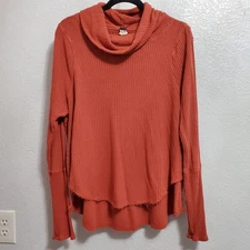 We The Free People Top Women L Rust Thermal Waffle Knit Cowl Neck Pullover