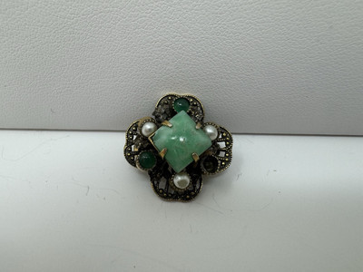 Vtg Original by Robert Green Faux Jade Faux Pearl Cross Pin Brooch Missing Stone