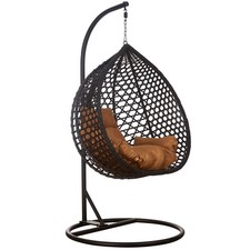 Luxus Hängesessel Style XXL Rattan Korb Gestell Schwarz mit Relaxkissen Braun
