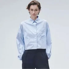 rag & bone Beatrice Striped Cropped Button Up Shirt Womens M Blue Oversized Boxy