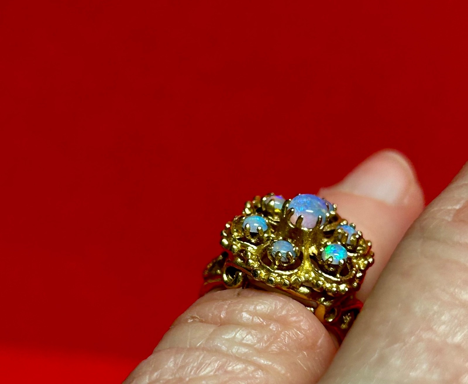 14K Solid Gold Opal Flower Cluster Ring - Size 4 - image 2