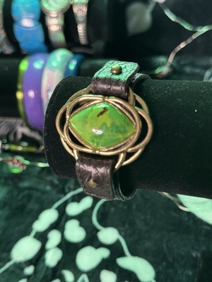 Barse Thai Green Turquoise Stone Gold Tone Filigree leather Strap Bracelet