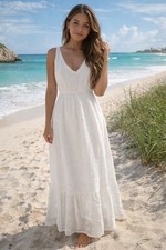 Terzo Millennio Linen Maxi Dress White Eyelet Hem Sz M Boho Coastal Resort Italy