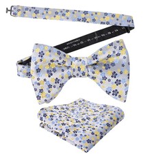 Mens Pre-tied Floral Bow Tie Wedding Party Luxury Pocket Square Set, Blue Yellow