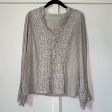 Soft Surroundings Grey Lace V-Neck Long Sleeve Top Size S Boho Lagenlook Artsy