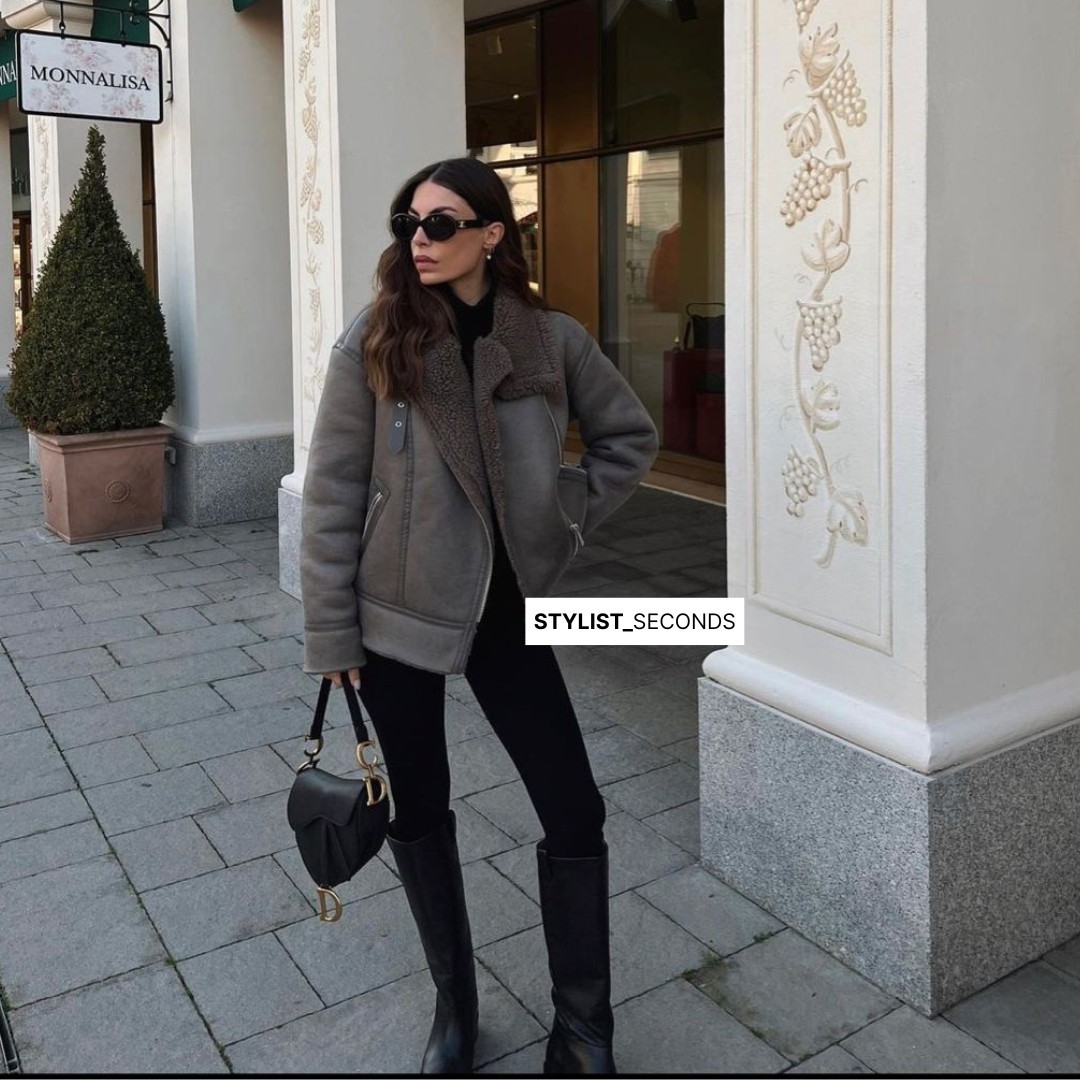 ZARA GREY FAUX LEATHER SHEARLING FUR DOUBLE-FACED BIKER JACKET AVIATOR COAT Sm image 3