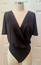 Express Women's Black Plunging V-neck Short Flared Sleeve Bodysuit Size: S