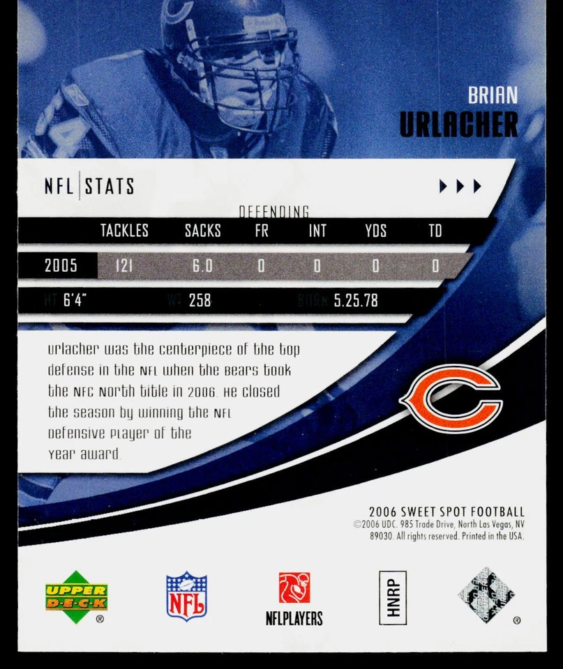2006 Upper Deck Sweet Spot Brian Urlacher #19 Chicago Bears FOOTBALL - Image 2 of 2