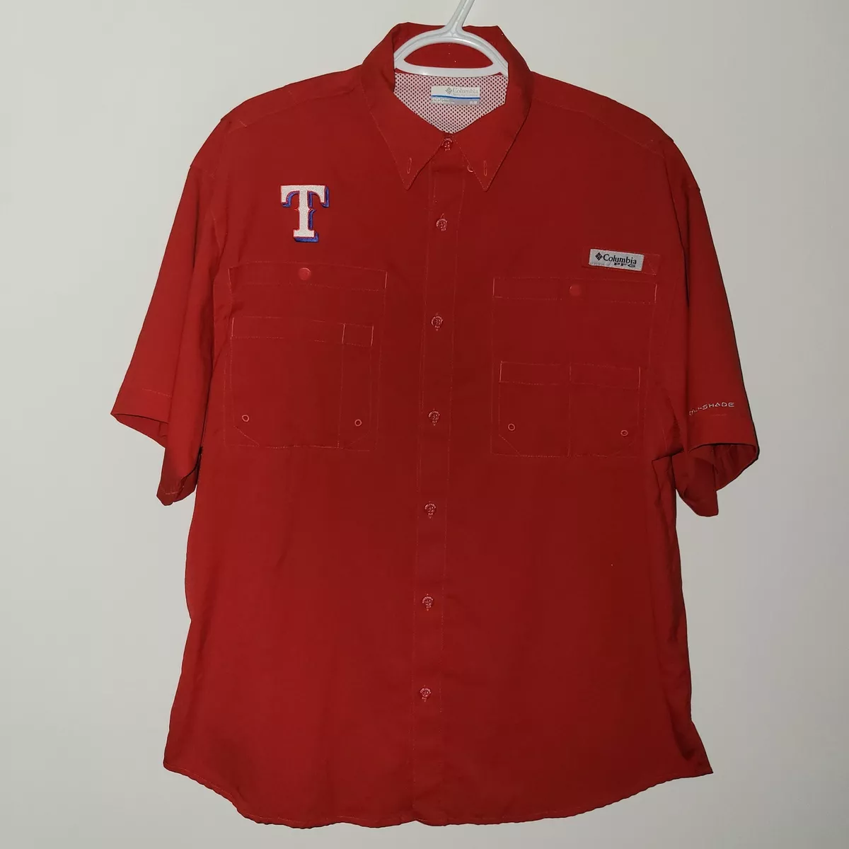 Columbia PFG Texas Rangers Short Sleeve Button Down Shirt Men's Size Medium  Red