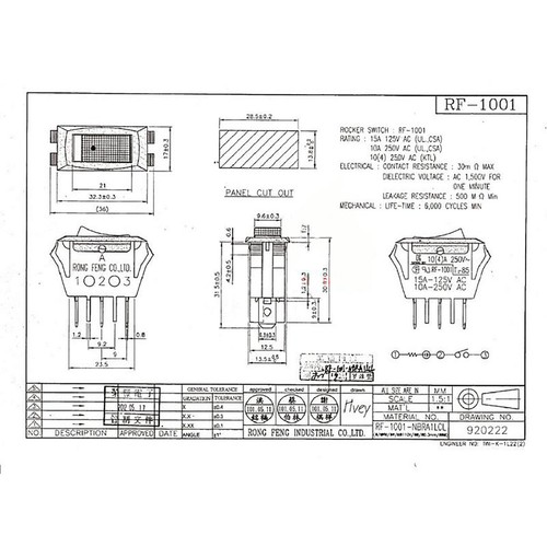 Piezas adaptador para interruptor basculante RONG FENG RF-1001 3 pines 2 posiciones 10A 250VAC - Imagen 4 de 4