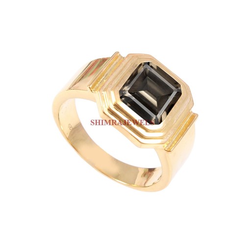 Natural Ahumado Cuarzo Gema Con 18k Plata Bañada en Oro Hombres Anillo #1828 - Imagen 3 de 5