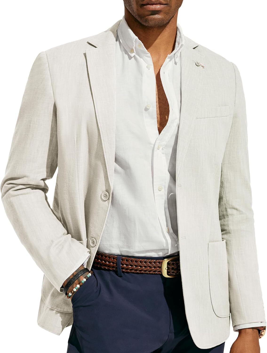 Mens Lightweight Blazer Casual Cotton Linen Sport Coat Unlined 2 Button Jacket