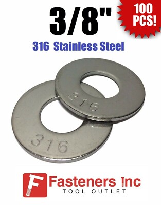 (Qty 100) 3/8'' Grade 316 Stainless Steel Flat Washer GRADE 316