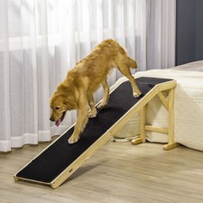 Dog Ramp for Bed with Non-Slip Carpet and Top Platform Wood Pet Ramp 74" Natural