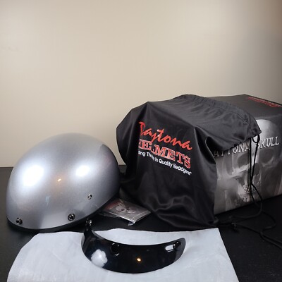 Daytona Half Skull Cap Motorcycle Helmet DOT Approved Silver Metallic XXS  Visor