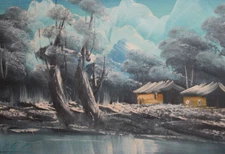 Vintage oil painting river landscape signed