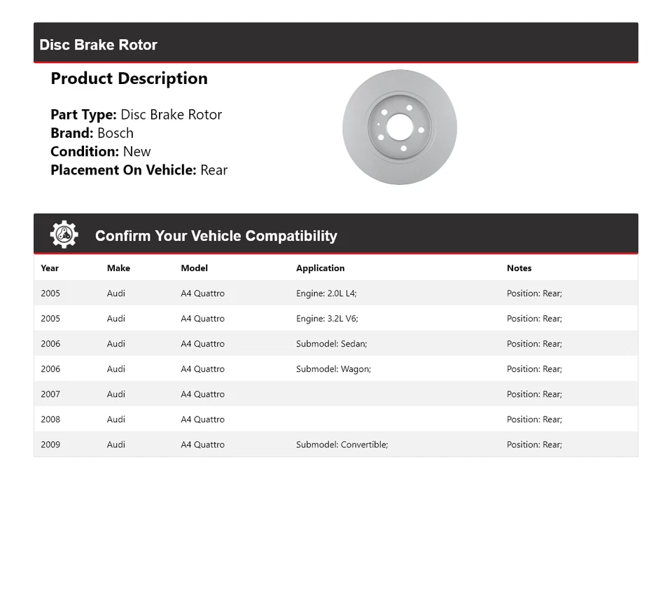 Para 2005-2009 Audi A4 Quattro Bosch QuietCast rotor de freio a disco traseiro 2006 2007 - Imagem 2 de 4