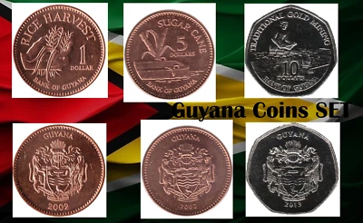 Guyana coins 1 5 10 dollars 2012 2013 2015 Rice Harvest Sugar Cane Gold Mining - Image 1 of 4