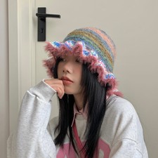 Chapeau Seau Style Lady Rainbow Rayé Tricot Multicolore Taille Unique Polyester
