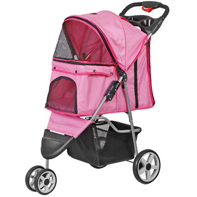 3 Wheels Pet Dog Cat Stroller for Small Medium Dogs Cats with Cup Holder Pink