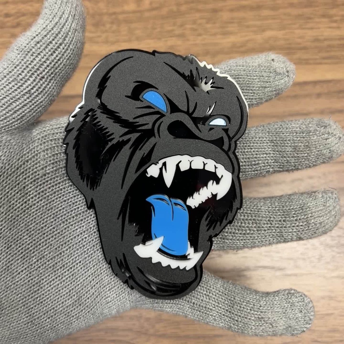GORILLA Badges Emblem ROARING Tongue Light Blue Eye w/ TEETH, Ape
