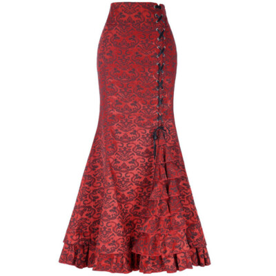 Lady Chinese Jacquard Long Skirt Gothic Fishtail Layered Ruffle