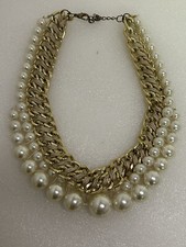 Necklace Layered Faux Pearls Gold Thick Chain Bib Choker Statement 4 Strands