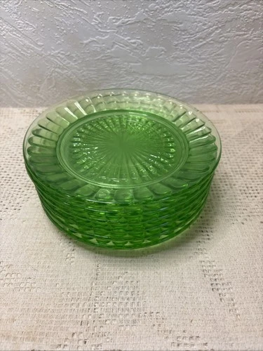 Vintage Green Vaseline Depression Glass Dessert Plates Set Of 6  6-1/8"