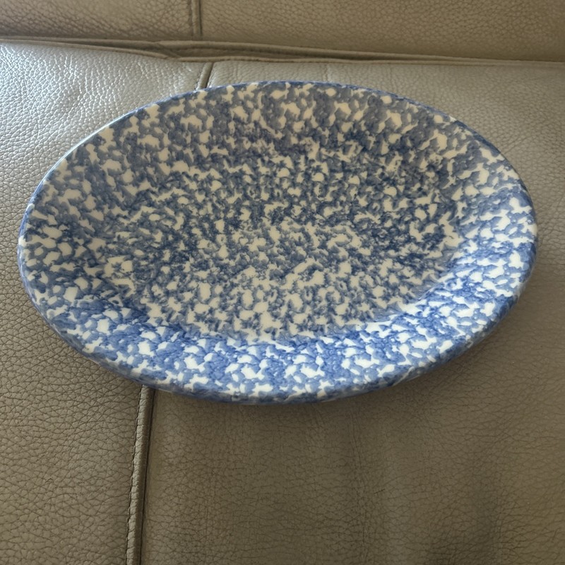 Henn Workshops Roseville Blue Sponged Stoneware Small Oval Platter  9.5"x6.5”