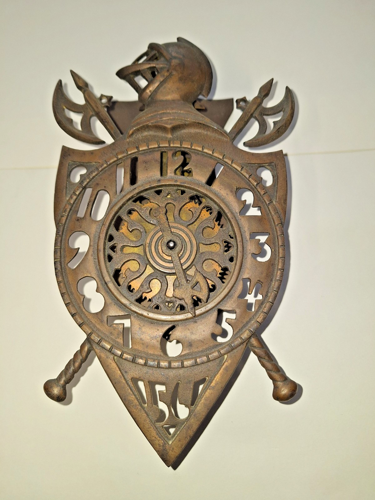 Rare Unusual Antique Shield W/ Knight Helmet Wall Clock Coat
