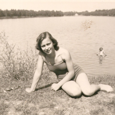 Vintage Attractive Young Pretty Woman Bikini Sunbathing Shore Lake Photo Water